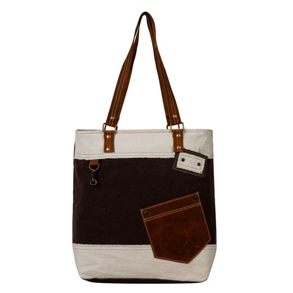 Myra Bag Handmade Designer Tote Bag Upcycled Canvas & Cowhide Leather - Picture 1 of 8